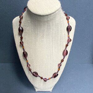 Beaded Bohemian Necklace 19 In Purple Amber Silver Glass  Round Twisted Retro